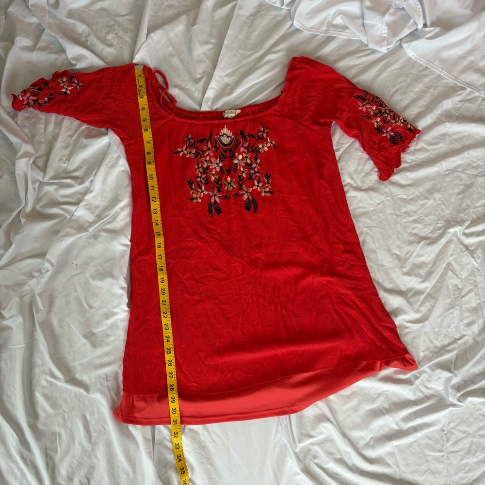 Rebellion Red Embroidered Floral Off the Shoulder Tunic Top or Mini dress Sz XL - Picture 6 of 7